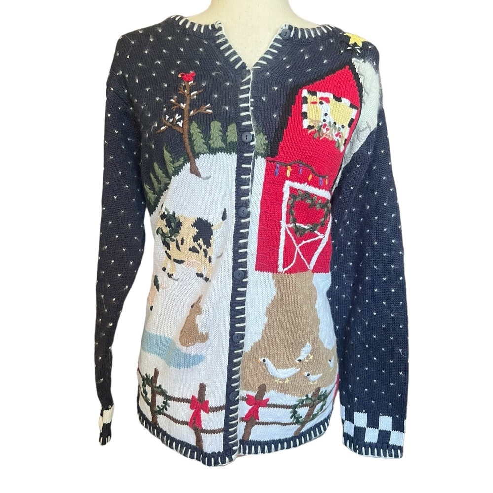 Quacker Factory Wool Christmas Farm Cardigan Medium Sweater